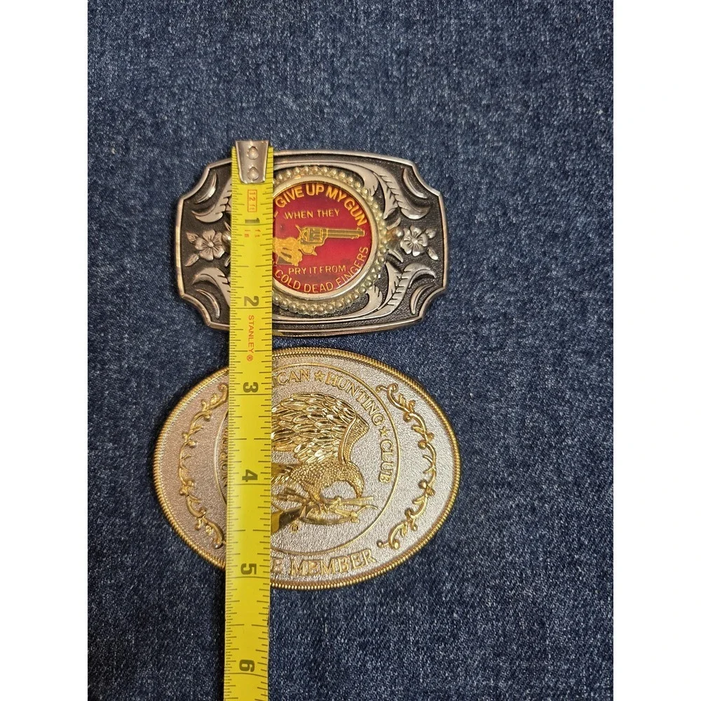 Lot of 2 Hunting Club & Gun Rights Emblem Belt Buckles - Silver Gold
